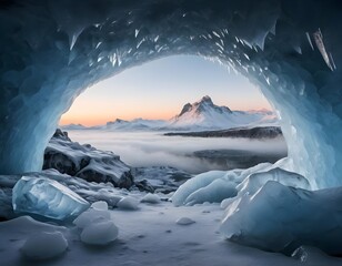 Ice Cave Entrance with Mountain View at Sunset