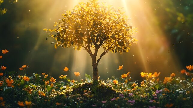 A young tree taking root in a floral paradise with golden sunlight streaming through
