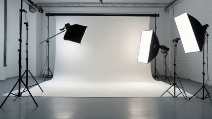 Create a professional photo studio setup with a white seamless background.