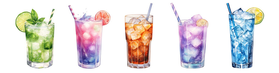 PNG Colorful refreshing iced beverages, element set on transparent background