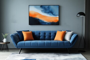 Blue velvet sofa with colorful pillows and abstract artwork adorns wall