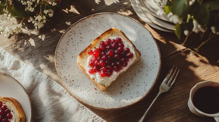 Simple toast slice topped with red berry jam on table with natural light, overhead flat lay breakfast style