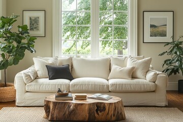 Bright living room features comfortable couch and rustic coffee table