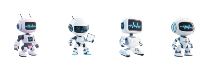 Cute robots with display screens showing heartbeat patterns in various poses and styles