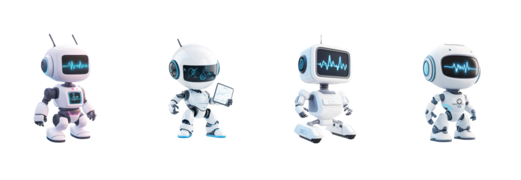 Cute robots with display screens showing heartbeat patterns in various poses and styles