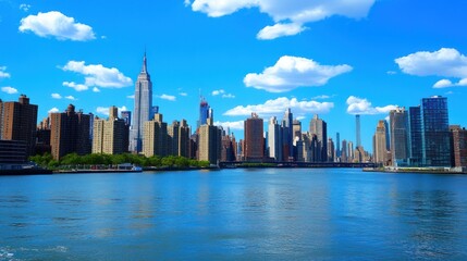 Obraz premium A metropolitan city skyline viewed across a wide body of water