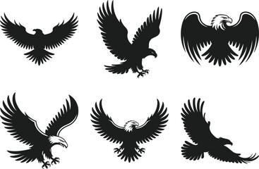 Set of Majestic Eagle Silhouettes – Black Vector Illustrations in Flight and Attack Poses