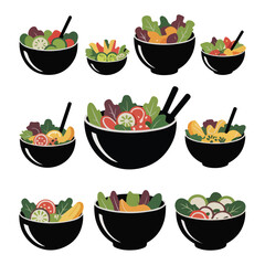  Collection of colorful vegetable salad bowls with chopsticks in black dishware, fresh organic healthy food vector illustration set, ideal for diet, vegan, nutrition, and culinary themed design