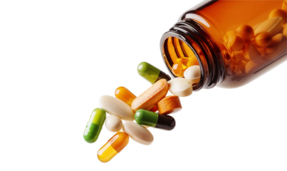 Colorful medicinal pills and capsules spilling from amber prescription bottle onto transparent background, showing variety of pharmaceutical tablets in different shapes and colors
