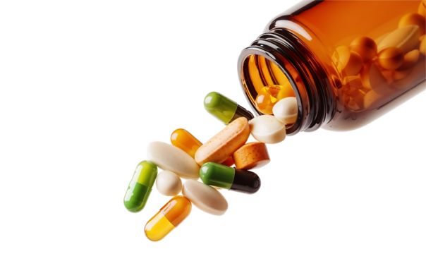 Colorful medicinal pills and capsules spilling from amber prescription bottle onto transparent background, showing variety of pharmaceutical tablets in different shapes and colors