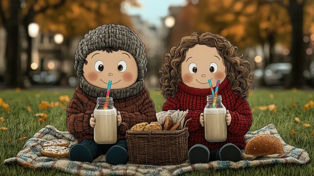 Two smiling children enjoy a cozy autumn picnic with milk and treats in a lively park setting. National Dairy Month