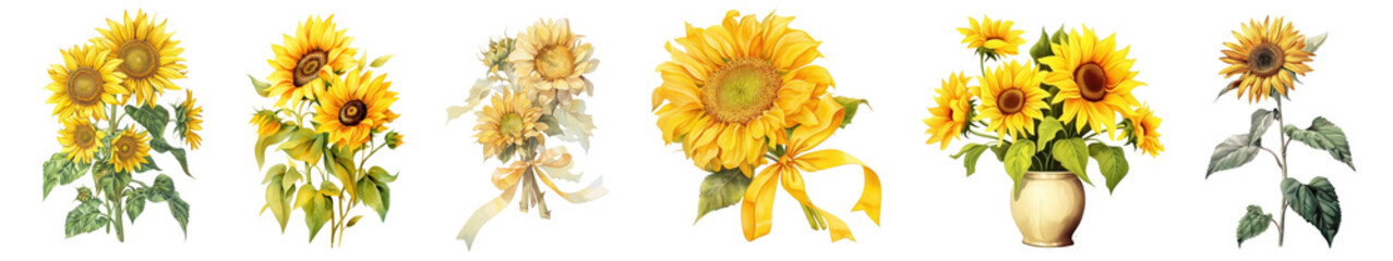 Obraz premium PNG Vintage sunflowers bouquet illustrations, element set on transparent background