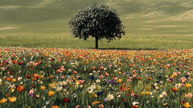 A vibrant meadow with a tree at its core surrounded by wildflowers of every color - Powered by Adobe