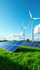 Solar panels and wind turbines in a green energy power station with a blue sky background, sustainable energy , wind turbine, power generation