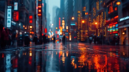 Obraz premium Rainy Cityscape at Night: A Cyberpunk Reflection