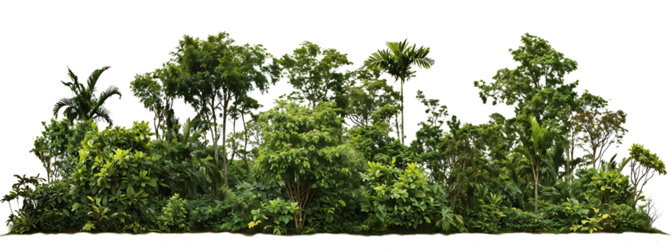 Lush green tropical trees and vegetation forming a small dense forest island on transparent background, displaying variety of plant heights and foliage creating natural ecosystem isolation