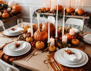 Thanksgiving Table Setting with Pumpkins and Candles