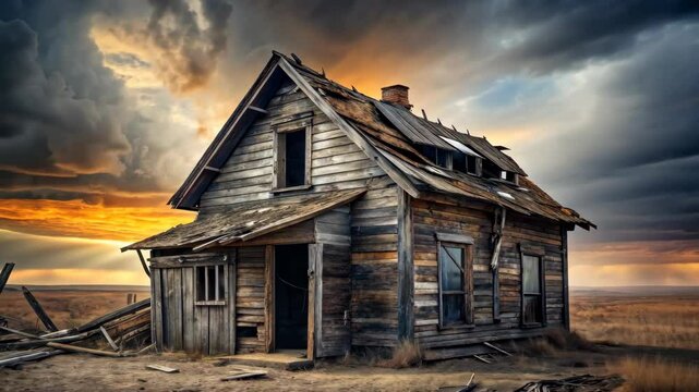 Desolate Farmhouse Under a Dramatic Sunset A Glimpse into Forgotten Times