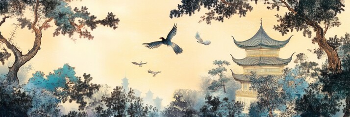Watercolor painting of a pagoda among trees with birds flying in the sky.