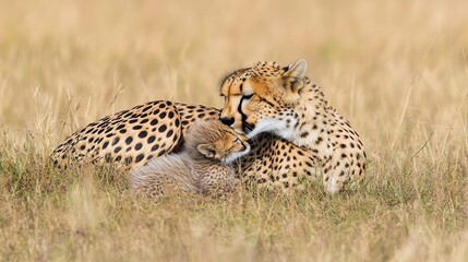 Naklejka premium A cheetah mother and her cub resting in tall grass.