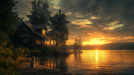 Fototapeta premium A serene log cabin nestled by a lake at golden hour.