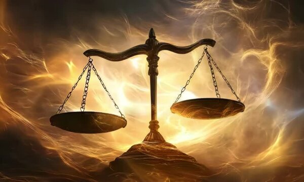 A scale of justice surrounded by swirling shadows, with rays of light piercing through
