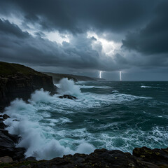 Obraz premium Dramatic Ocean Storm Waves Lightning Coast