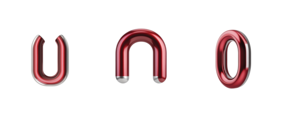 Red metallic figures shaped in letters with unique curved and connected design
