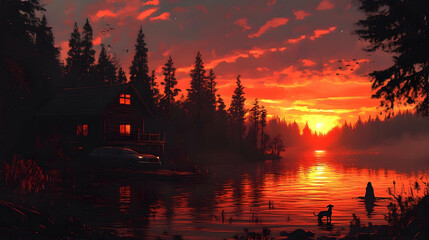 A serene cabin nestled by a lake at fiery sunset.