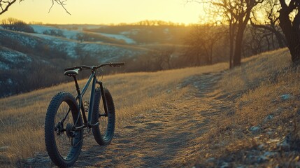 A mountain bike sits on a trail at sunset in nature