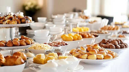 Fototapeta premium A lavish buffet display featuring a variety of pastries, desserts, and snacks in a bright dining area