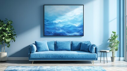 Blue themed living room interior with ocean wave artwork