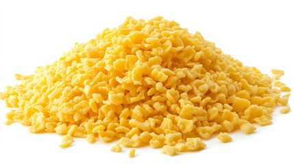Closeup of a Pile of Small Yellow Egg Pasta Pieces on White Background