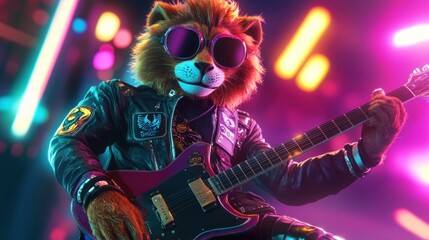 A lion-like figure plays electric guitar in vibrant neon lights.