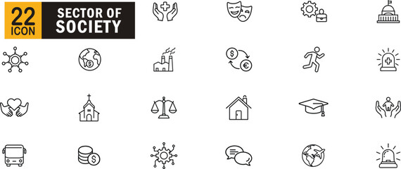Sector of society outline icon set. Representing healthcare, government, education, economy, transportation, environment, and social services.