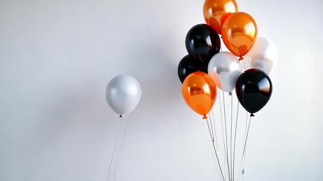 A cluster of vibrant balloons in orange, black, white, and silver against a plain background