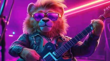 A lion in a leather jacket plays electric guitar in a vibrant, neon-lit stage setting.