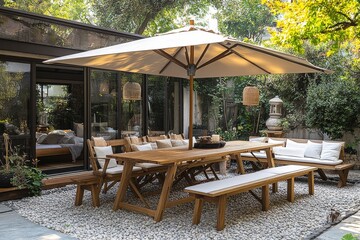 Fototapeta premium Outdoor dining set with wooden garden table, white-cushioned chairs, umbrella, and wooden benches by the seaside or pool.