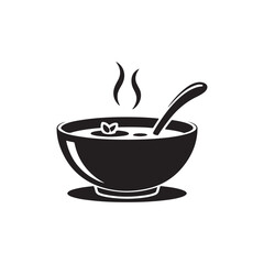  Vector illustration of a bowl of soup with herbs and vegetables in black bowl on plate, stylized design for food, restaurant, or culinary themes