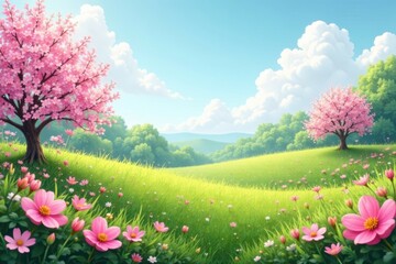 Fototapeta premium Pastel hues of spring landscape with blooming flowers and lush greenery, garden, spring