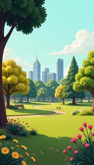 Urban Parkland in Australia Canberra featuring lush green grass, vibrant flowers, tall trees, buildings. Concept of Urban Parkland in Australia Canberra landscape with peaceful atmosphere.