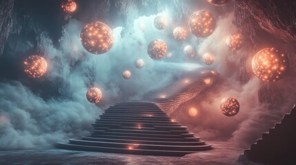 Mysterious stairs ascend toward illuminated spheres within the misty cavern