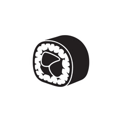 Stylized vector sushi roll icon with red center and decorative white rice details in bold black silhouette for Japanese cuisine themes