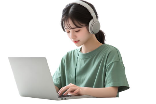 Japanese woman in a green t-shirt, wearing headphones and using a laptop computer, isolated on a transparent background