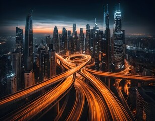 Fototapeta premium Cityscape at Night with Complex Interchange