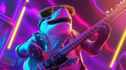 Obraz premium A shark musician plays electric guitar in a vibrant neon setting.