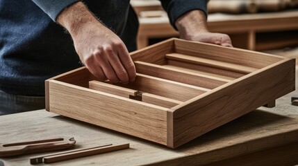 Carpenter assembling a wooden desk. Featuring craftsmanship and design