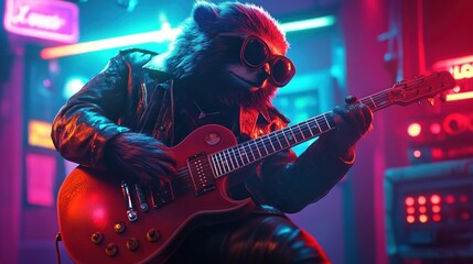 Obraz premium A raccoon in a leather jacket plays an electric guitar in a vibrant, neon-lit music venue.