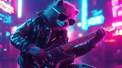 Obraz premium Cool raccoon guitarist performs in a vibrant neon city.