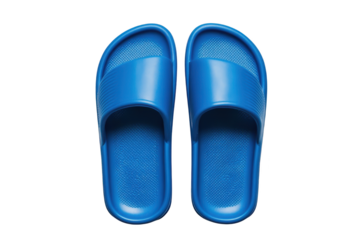 Pair of modern blue rubber beach slippers on transparent background
